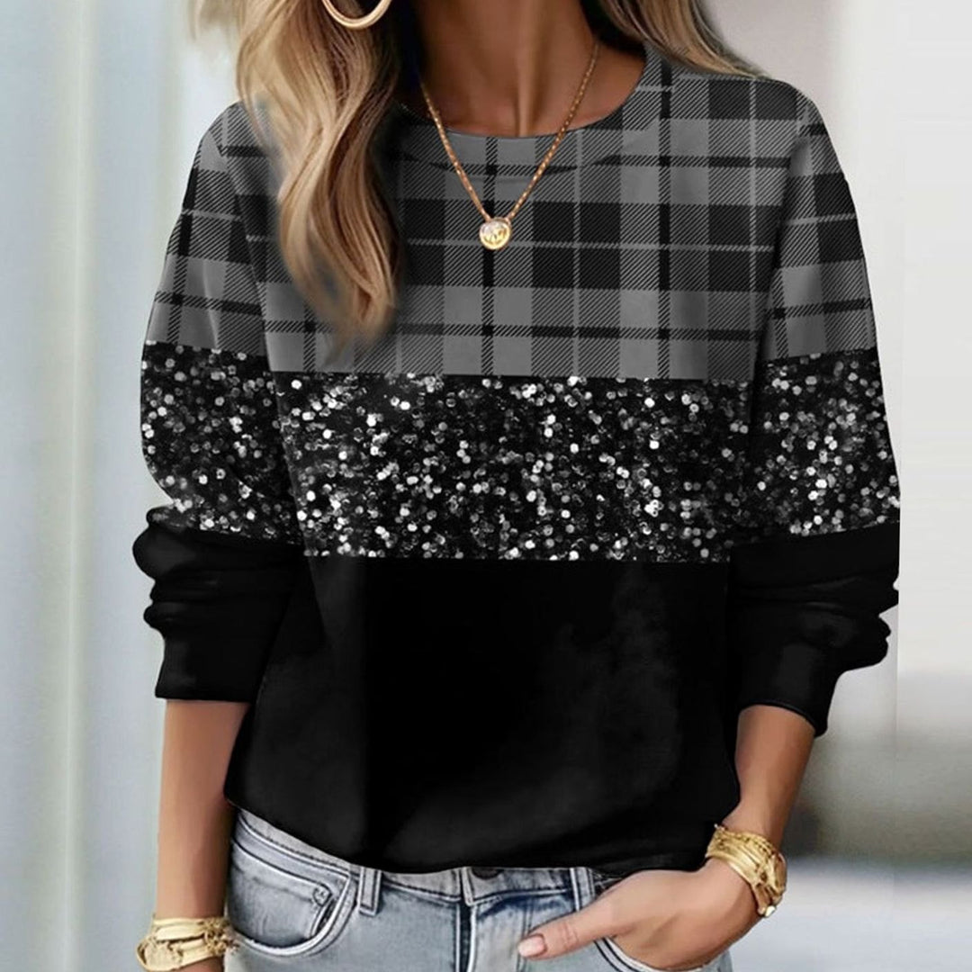 Women's Relaxed-Fit Plaid Glitter Panel Crew-Neck Sweatshirt - Black