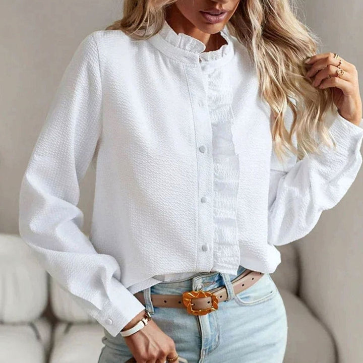 Women's Relaxed-Fit Ruffle-Trim Frill-Collar Long-Sleeve Blouse