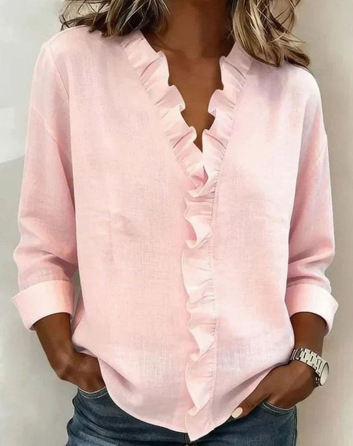 Women's Relaxed-Fit Ruffle V-Neck Long-Sleeve Blouse