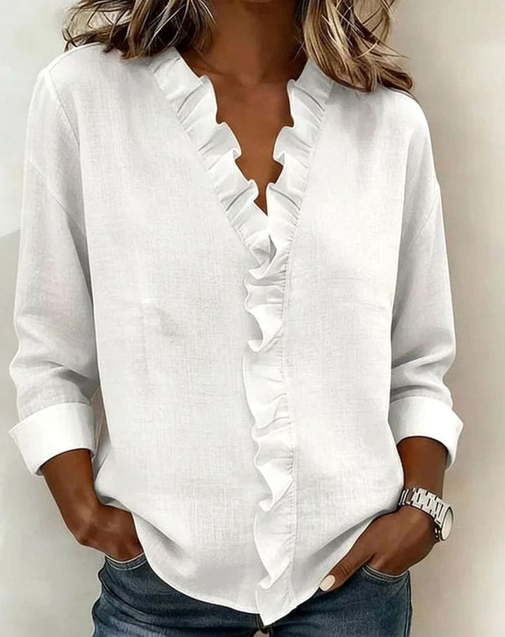 Women's Relaxed-Fit Ruffle V-Neck Long-Sleeve Blouse