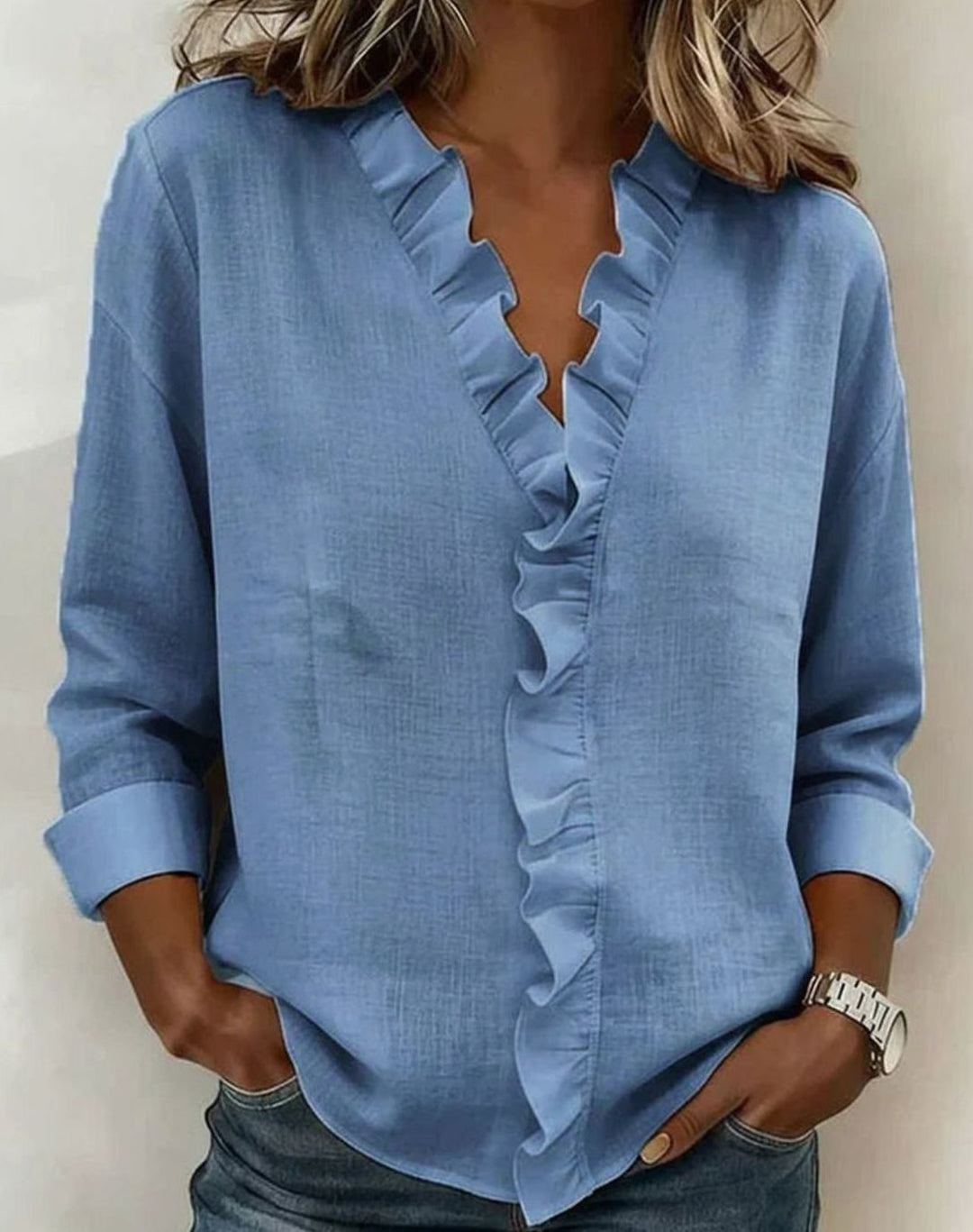 Women's Relaxed-Fit Ruffle V-Neck Long-Sleeve Blouse