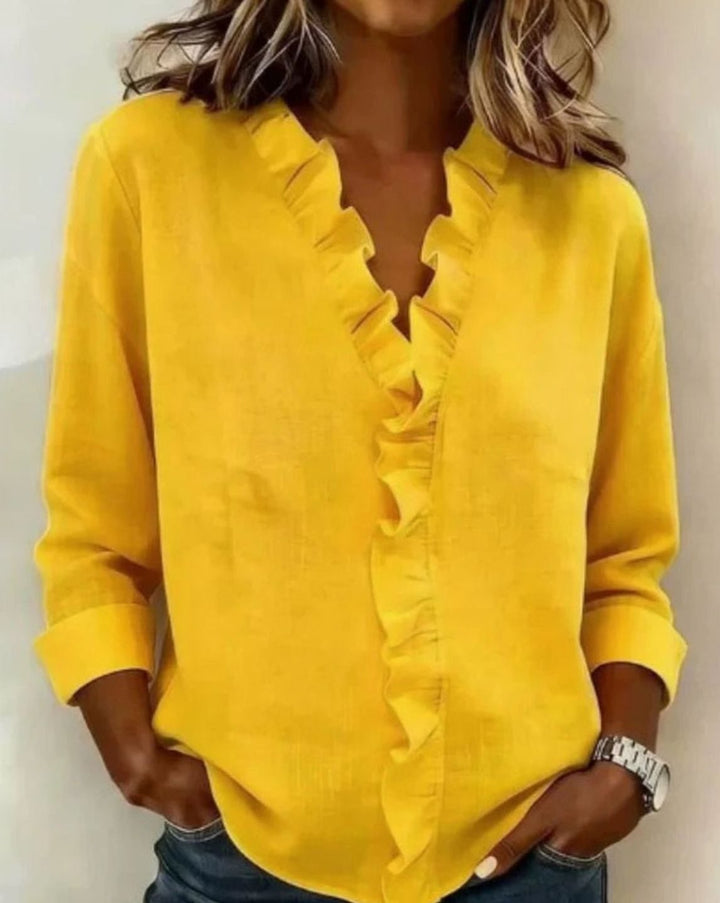 Women's Relaxed-Fit Ruffle V-Neck Long-Sleeve Blouse