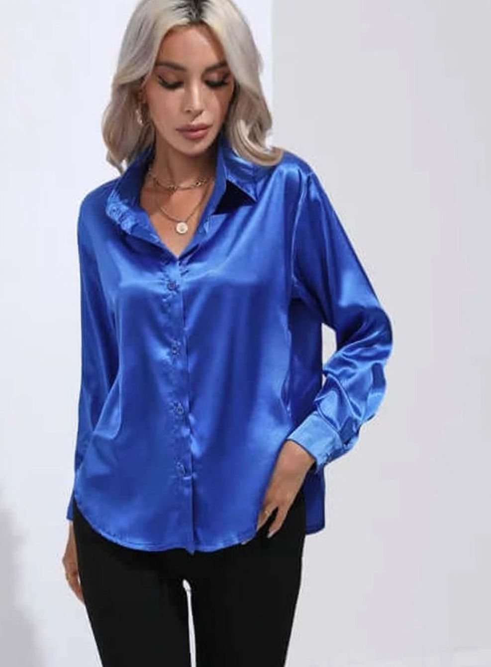 Women's Relaxed-Fit Satin Button-Up Long-Sleeve Blouse