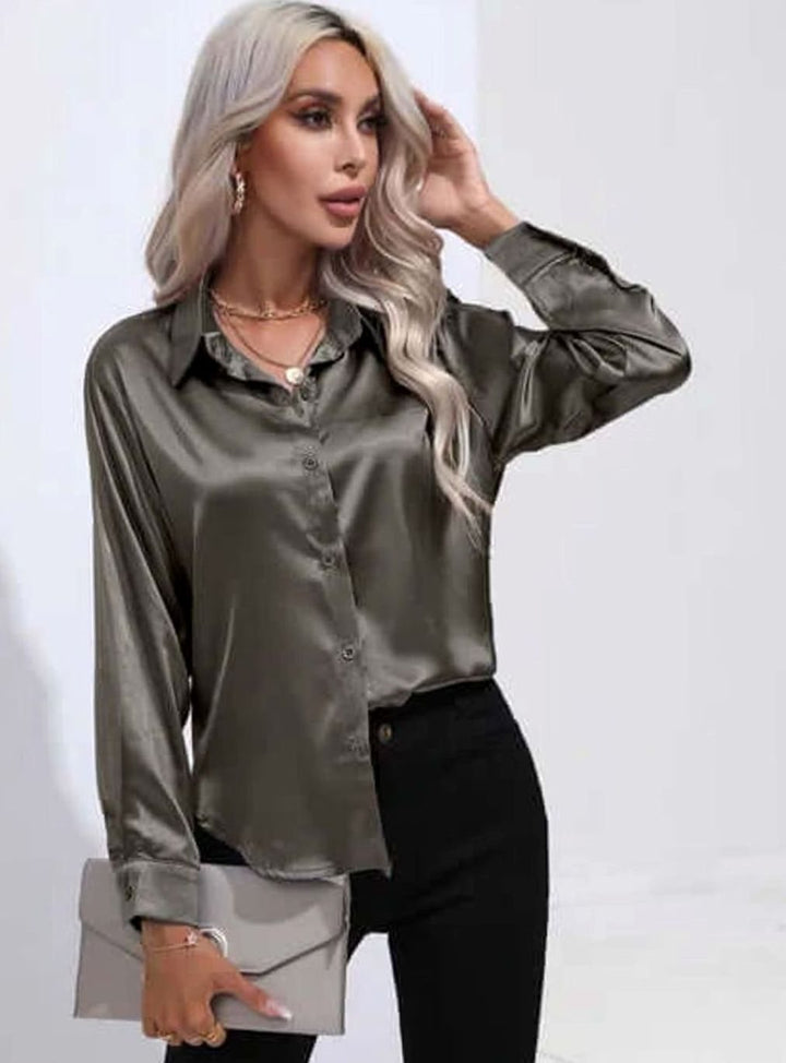 Women's Relaxed-Fit Satin Button-Up Long-Sleeve Blouse