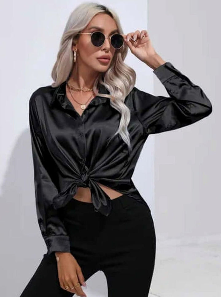 Women's Relaxed-Fit Satin Button-Up Long-Sleeve Blouse