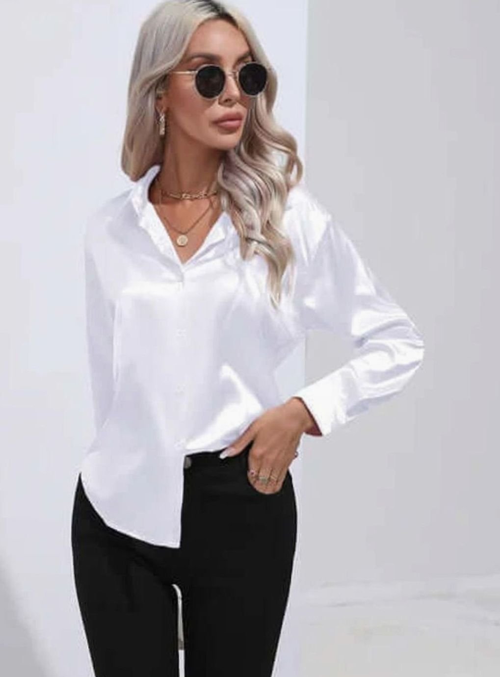 Women's Relaxed-Fit Satin Button-Up Long-Sleeve Blouse