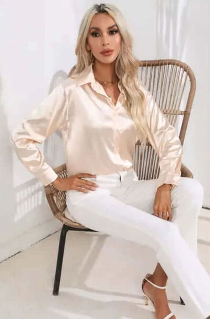 Women's Relaxed-Fit Satin Button-Up Long-Sleeve Blouse