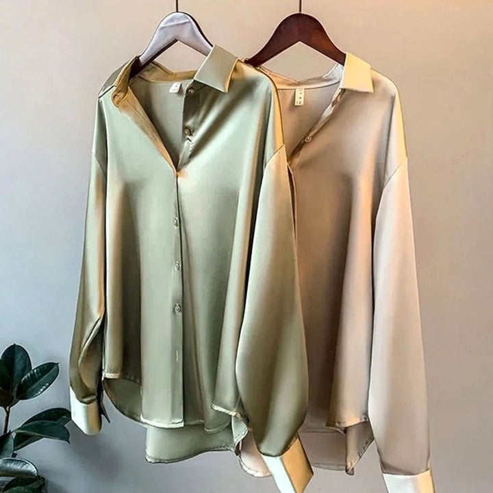 Women's Relaxed-Fit Satin Long-Sleeve Vintage Button-Front Blouse