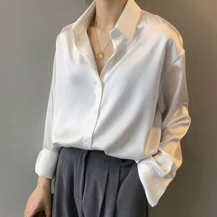 Women's Relaxed-Fit Satin Long-Sleeve Vintage Button-Front Blouse