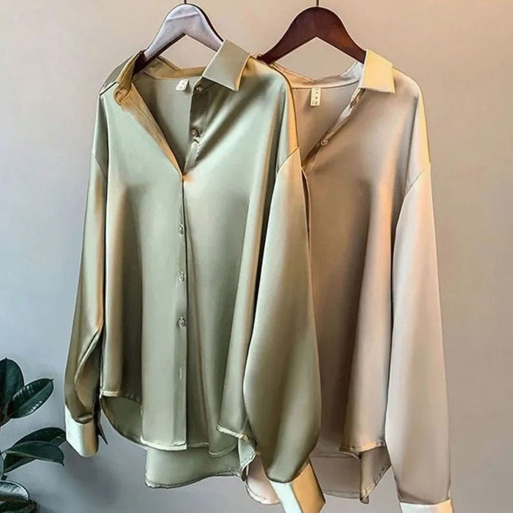 Women's Relaxed-Fit Satin Long-Sleeve Vintage Button-Front Blouse