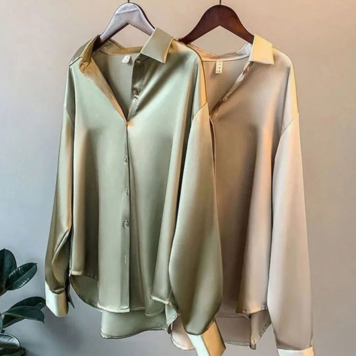 Women's Relaxed-Fit Satin Long-Sleeve Vintage Button-Front Blouse
