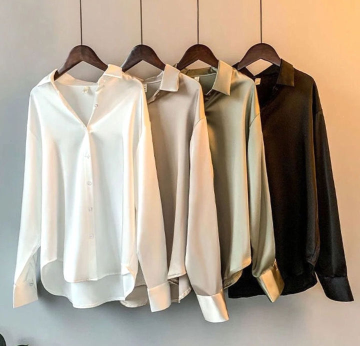 Women's Relaxed-Fit Satin Long-Sleeve Vintage Button-Front Blouse