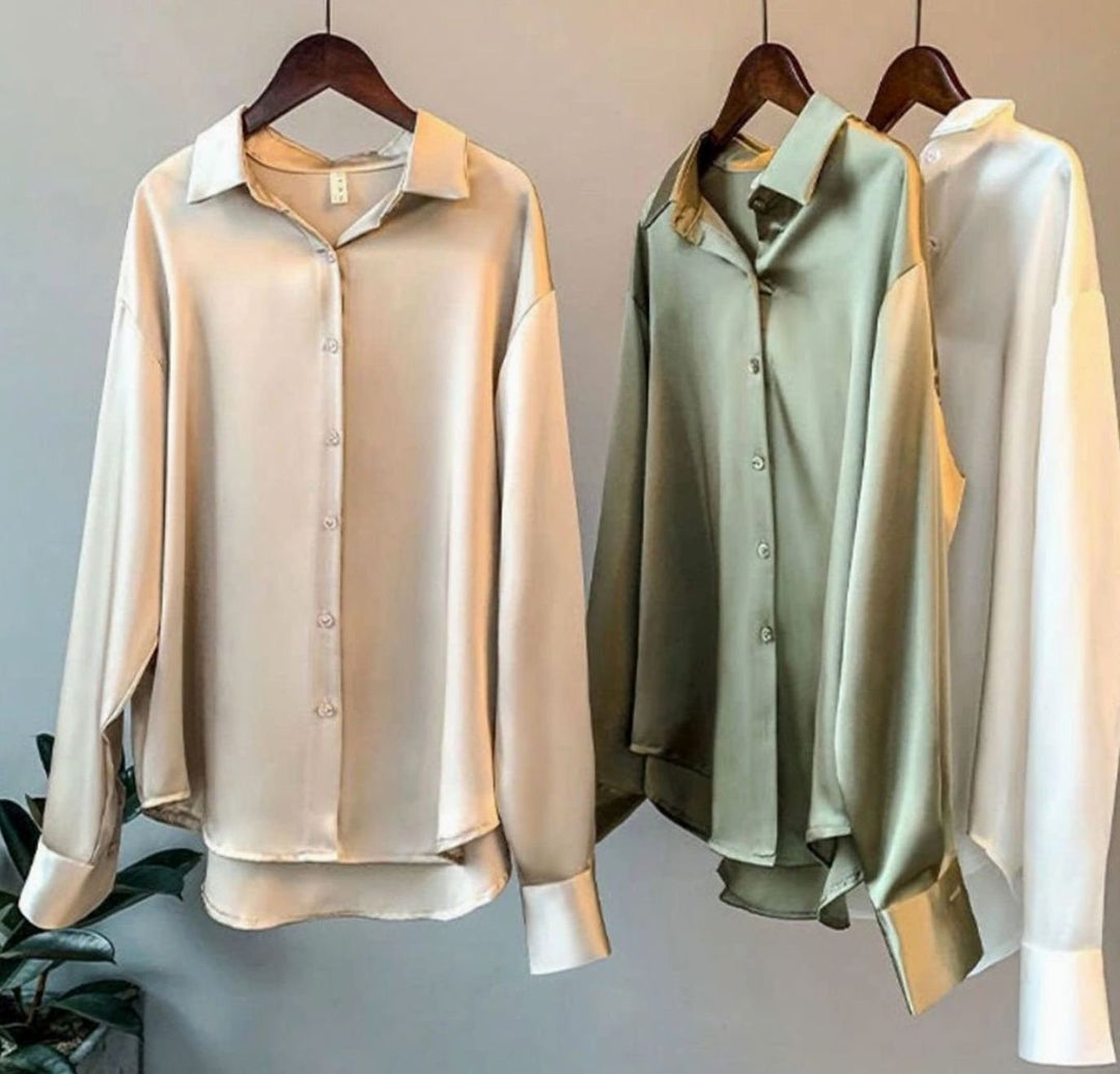 Women's Relaxed-Fit Satin Long-Sleeve Vintage Button-Front Blouse