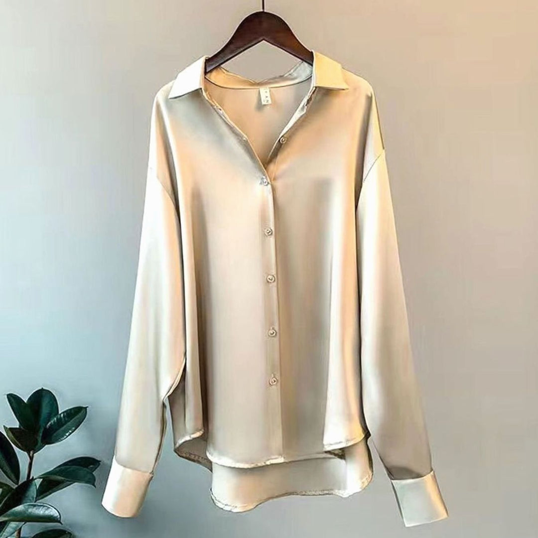 Women's Relaxed-Fit Satin Long-Sleeve Vintage Button-Front Blouse
