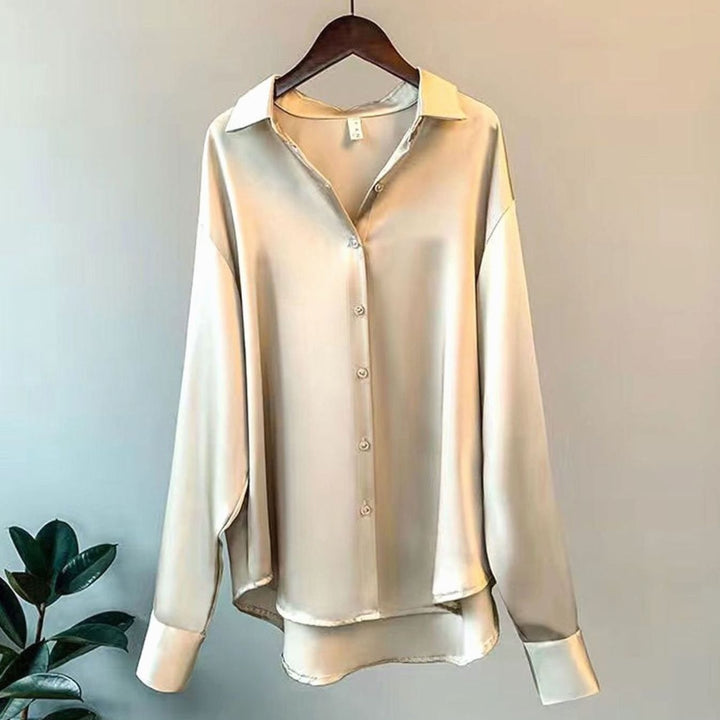 Women's Relaxed-Fit Satin Long-Sleeve Vintage Button-Front Blouse