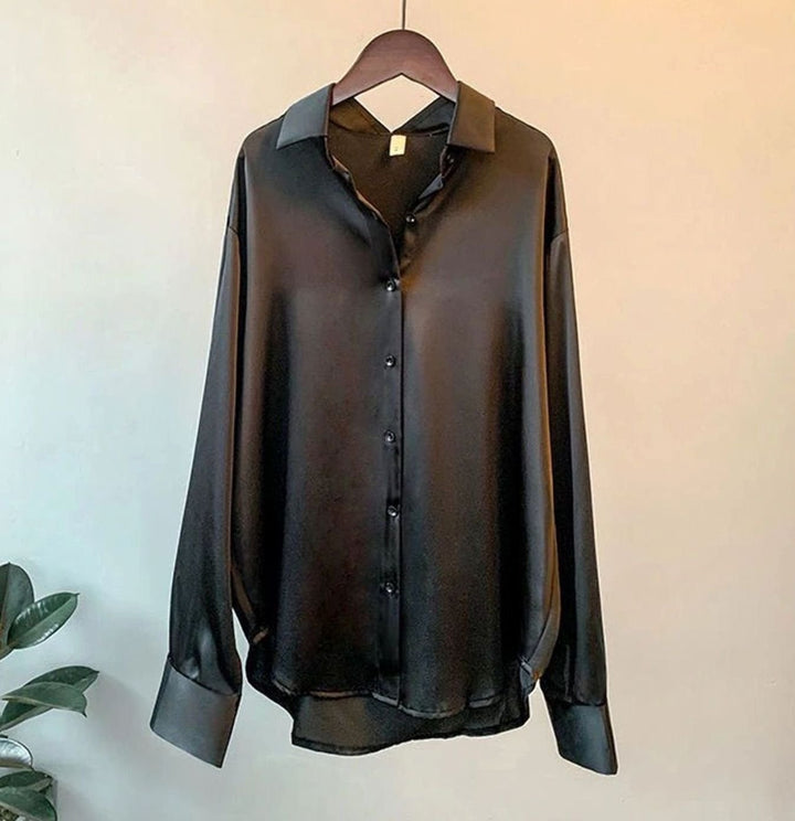 Women's Relaxed-Fit Satin Long-Sleeve Vintage Button-Front Blouse