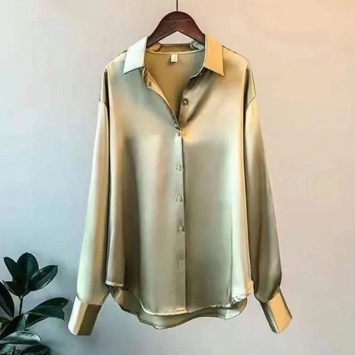 Women's Relaxed-Fit Satin Long-Sleeve Vintage Button-Front Blouse