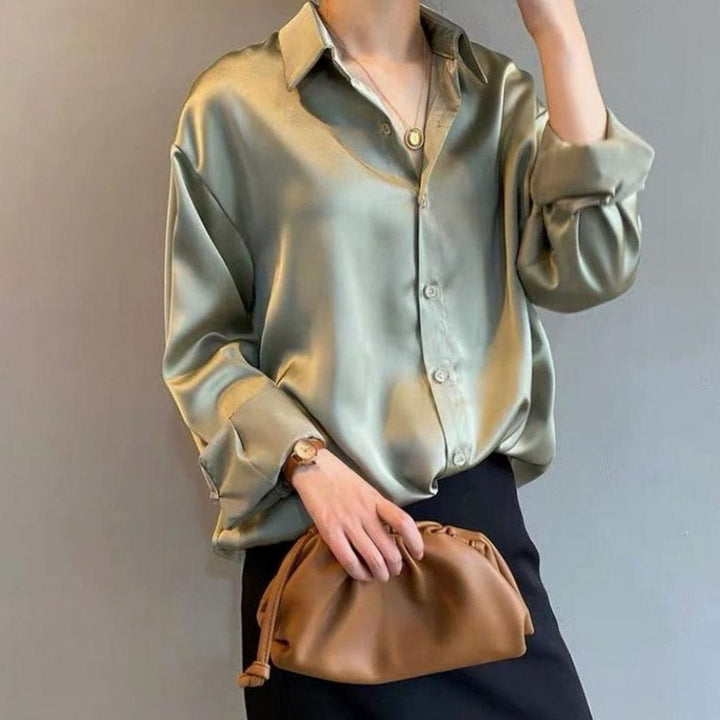 Women's Relaxed-Fit Satin Long-Sleeve Vintage Button-Front Blouse