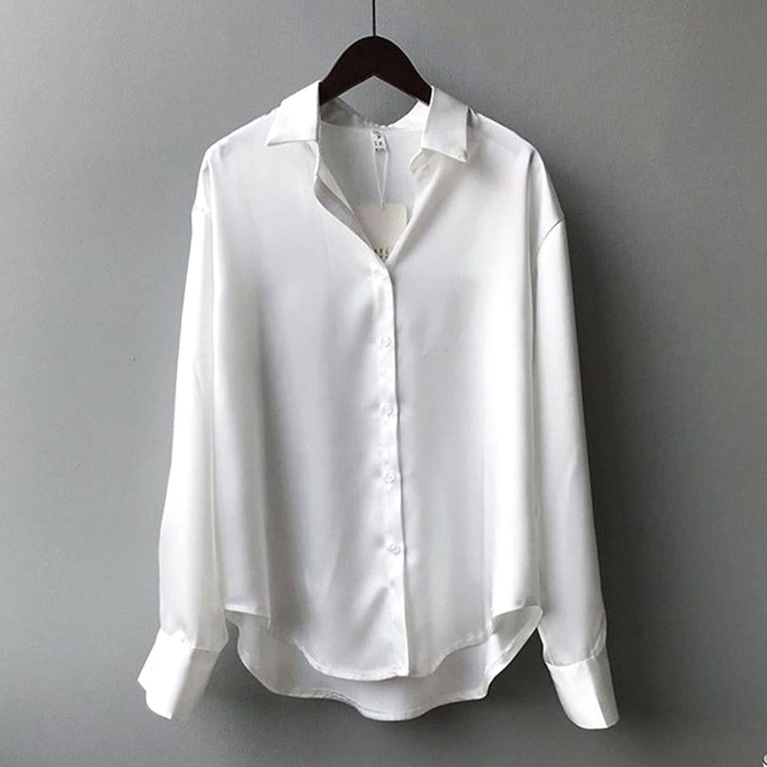 Women's Relaxed-Fit Satin Long-Sleeve Vintage Button-Front Blouse
