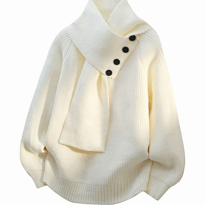 Women's Relaxed-Fit Scarf-Neck Button Rib-Knit Jumper - White