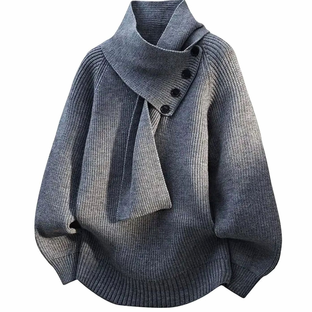 Women's Relaxed-Fit Scarf-Neck Button Rib-Knit Jumper - Grey