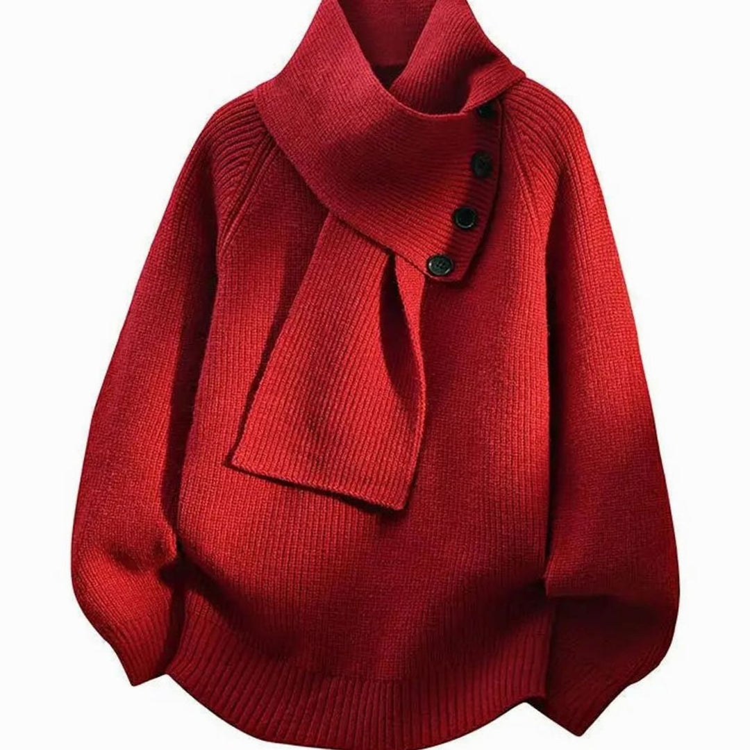 Women's Relaxed-Fit Scarf-Neck Button Rib-Knit Jumper - Red