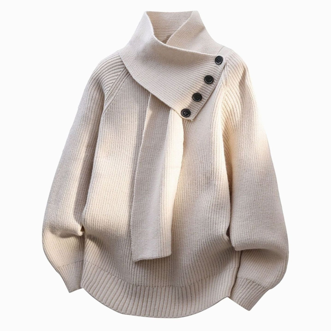 Women's Relaxed-Fit Scarf-Neck Button Rib-Knit Jumper - Beige