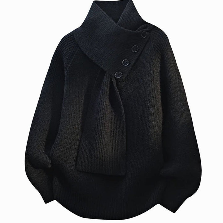 Women's Relaxed-Fit Scarf-Neck Button Rib-Knit Jumper - Black