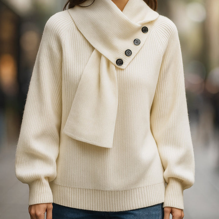 Women's Relaxed-Fit Scarf-Neck Button Rib-Knit Jumper