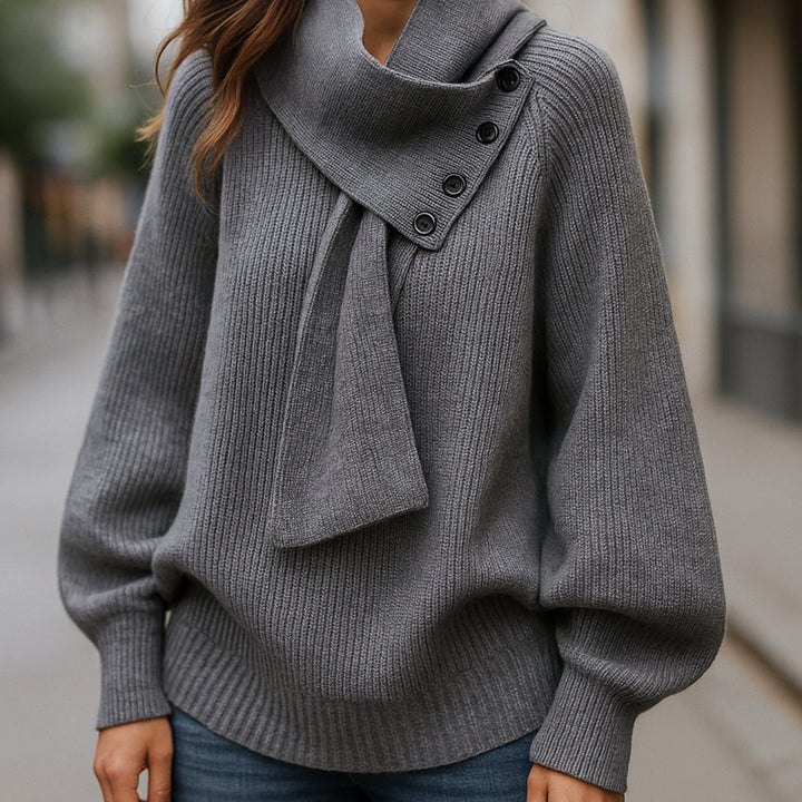 Women's Relaxed-Fit Scarf-Neck Button Rib-Knit Jumper
