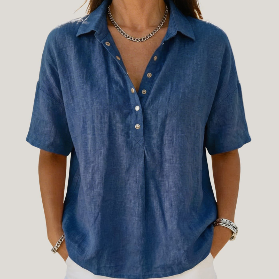 Women's Relaxed-Fit Short-Sleeve Linen Shirt with Collar