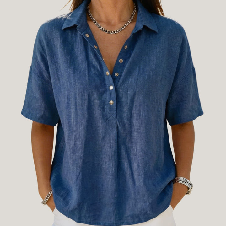 Women's Relaxed-Fit Short-Sleeve Linen Shirt with Collar