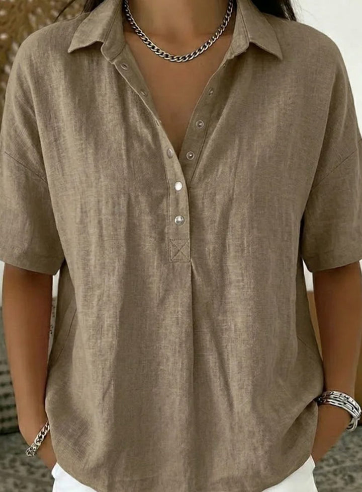 Women's Relaxed-Fit Short-Sleeve Linen Shirt with Collar - Khaki