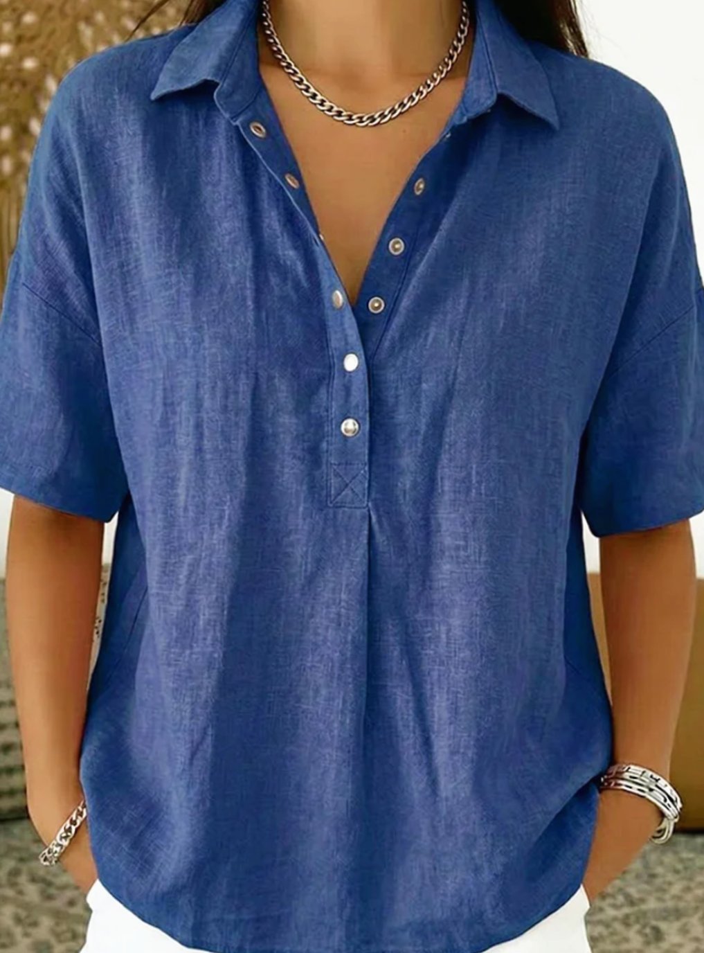 Women's Relaxed-Fit Short-Sleeve Linen Shirt with Collar - Blue