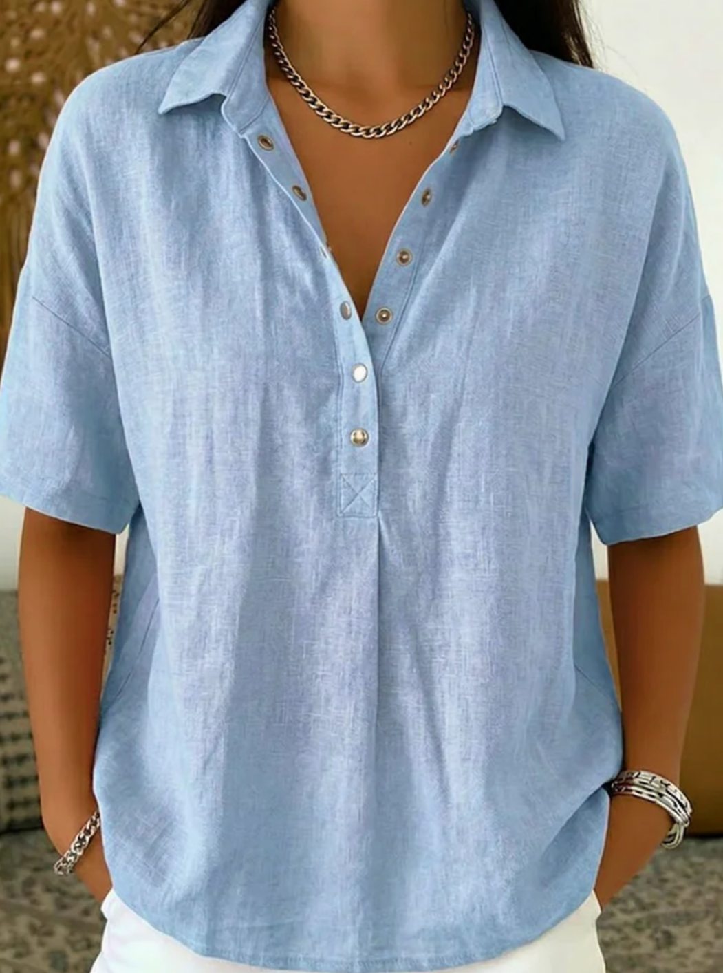 Women's Relaxed-Fit Short-Sleeve Linen Shirt with Collar - Light Blue