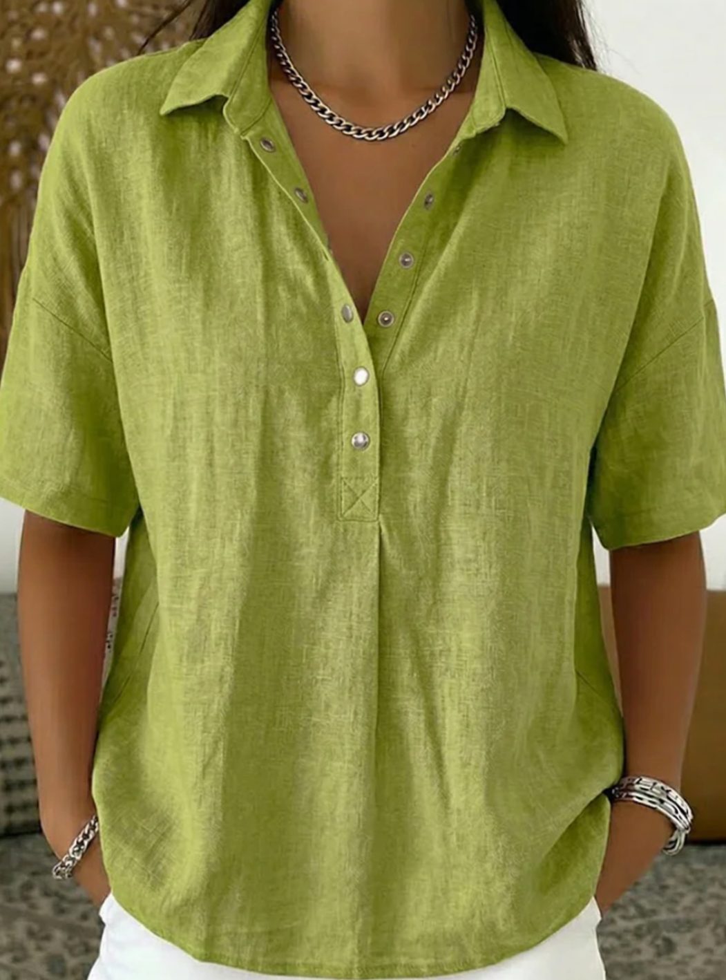 Women's Relaxed-Fit Short-Sleeve Linen Shirt with Collar - Green