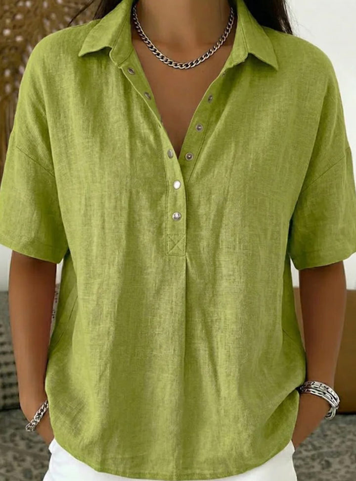 Women's Relaxed-Fit Short-Sleeve Linen Shirt with Collar - Green