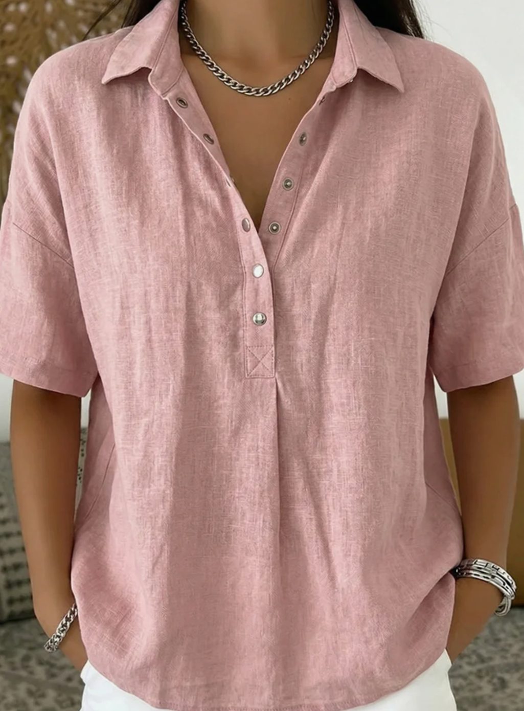 Women's Relaxed-Fit Short-Sleeve Linen Shirt with Collar - Pink