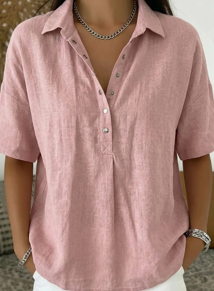 Women's Relaxed-Fit Short-Sleeve Linen Shirt with Collar - Pink