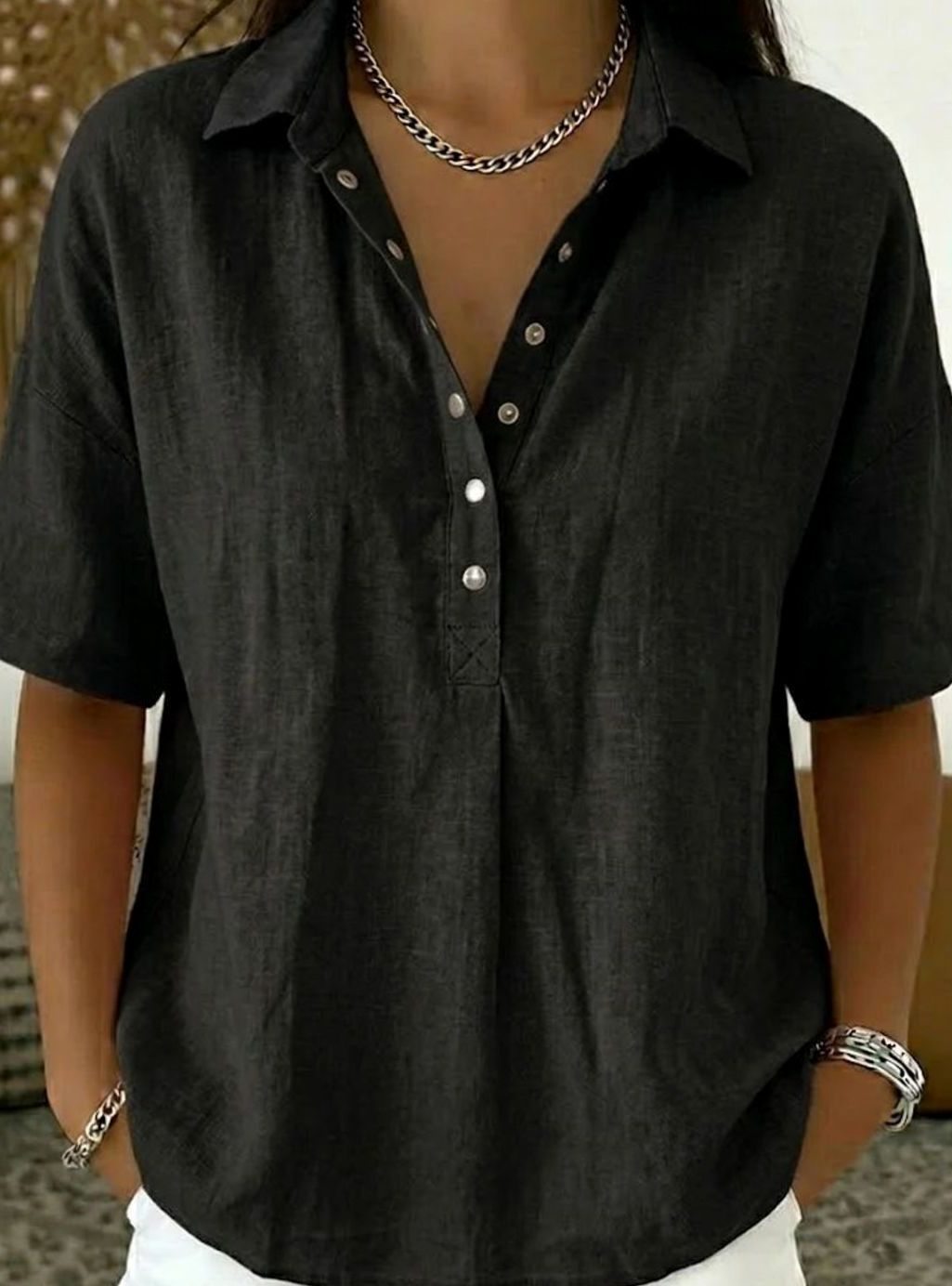 Women's Relaxed-Fit Short-Sleeve Linen Shirt with Collar - Black