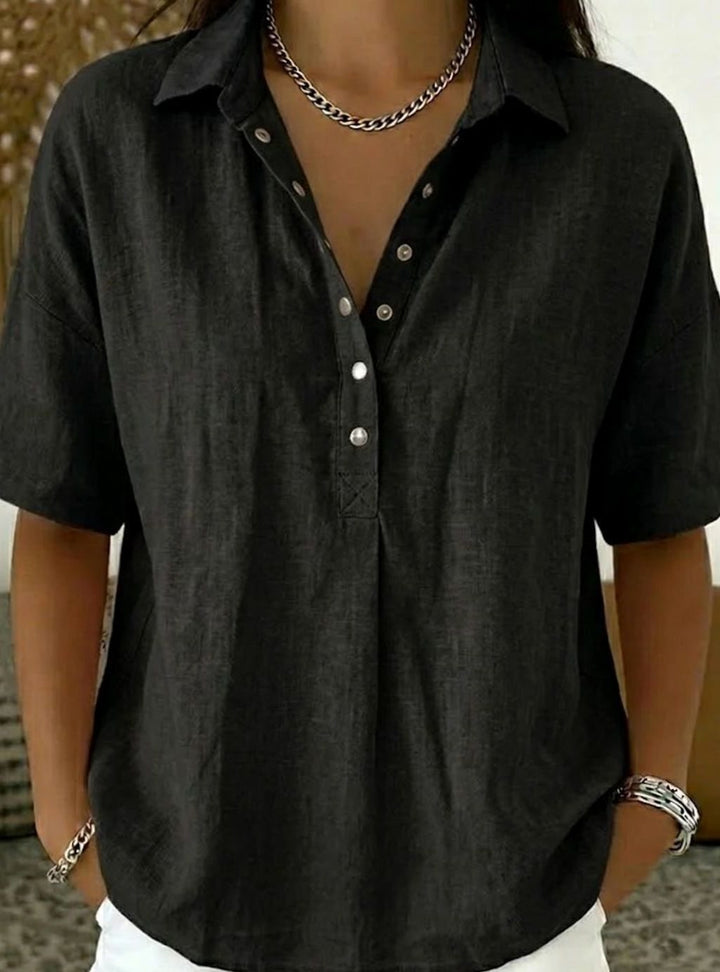 Women's Relaxed-Fit Short-Sleeve Linen Shirt with Collar - Black