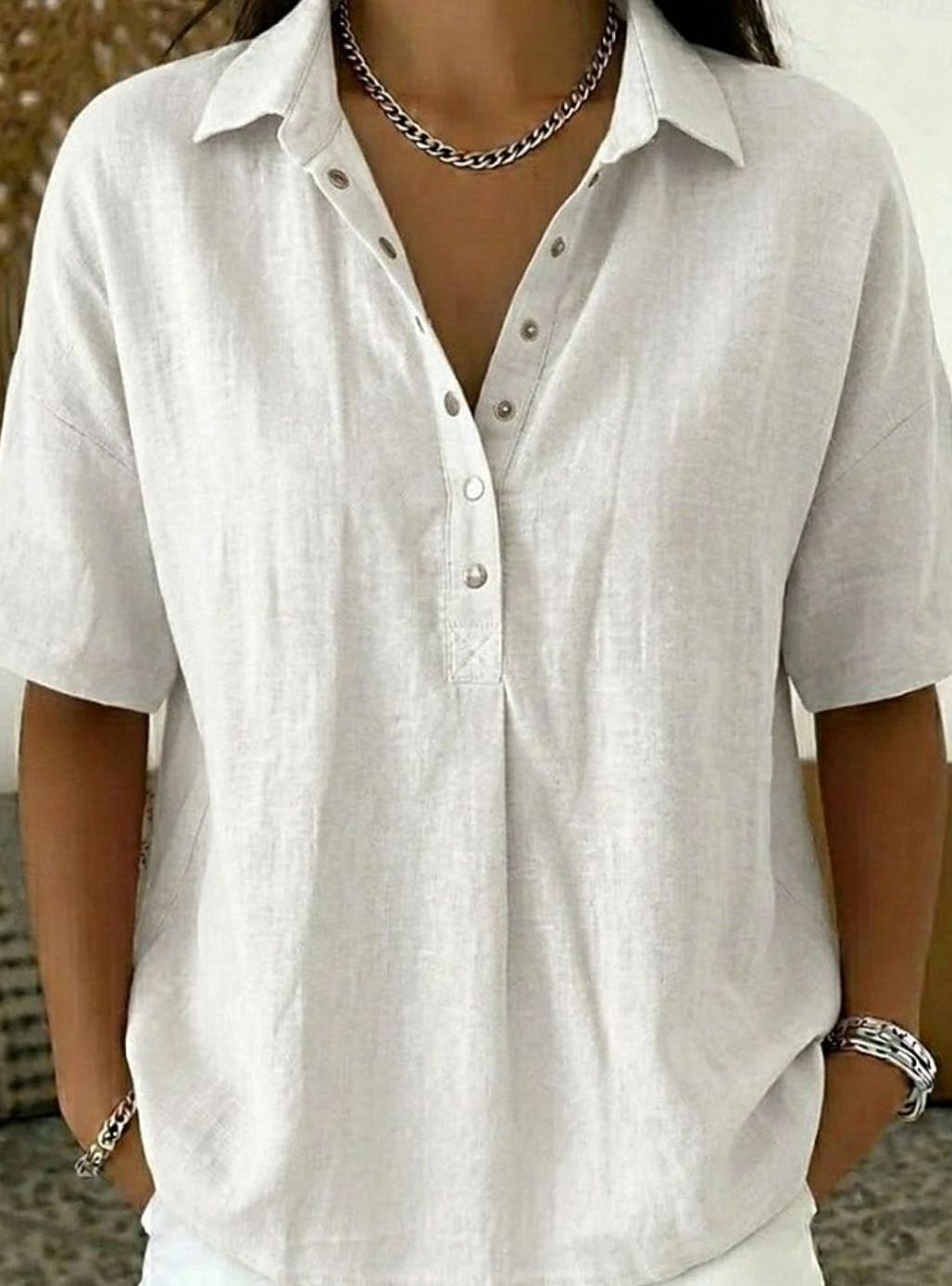 Women's Relaxed-Fit Short-Sleeve Linen Shirt with Collar - White