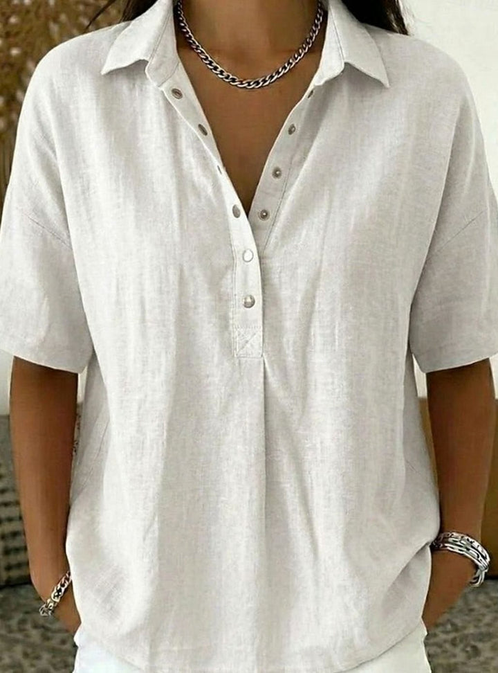Women's Relaxed-Fit Short-Sleeve Linen Shirt with Collar - White
