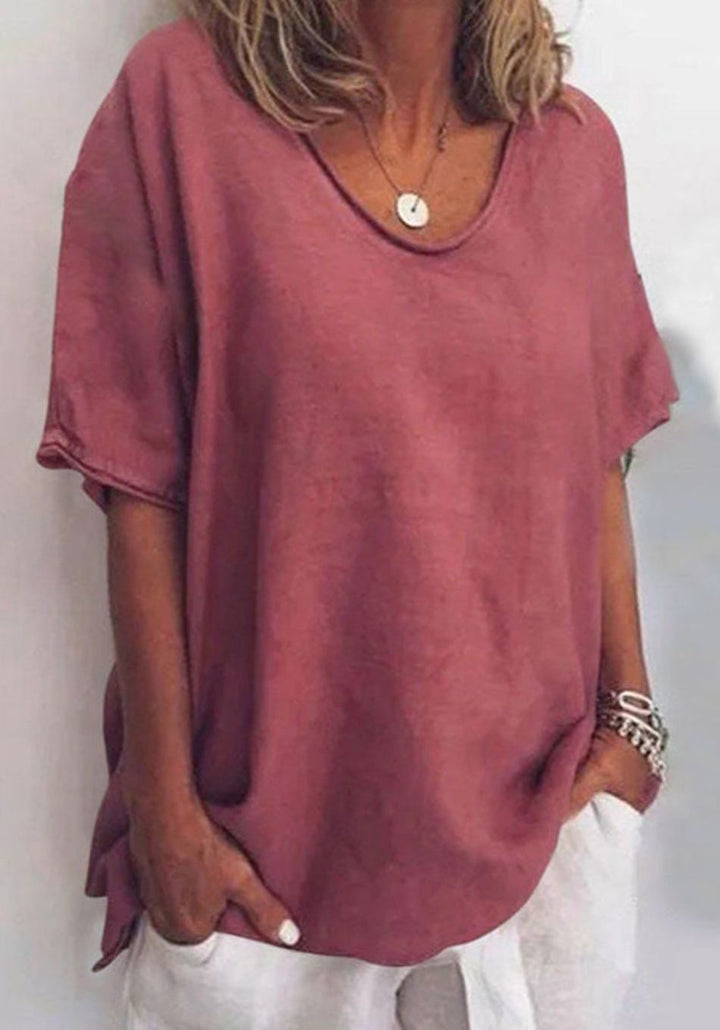 Women's Relaxed-Fit Short-Sleeve Scoop-Neck Casual Blouse - Dark Pink
