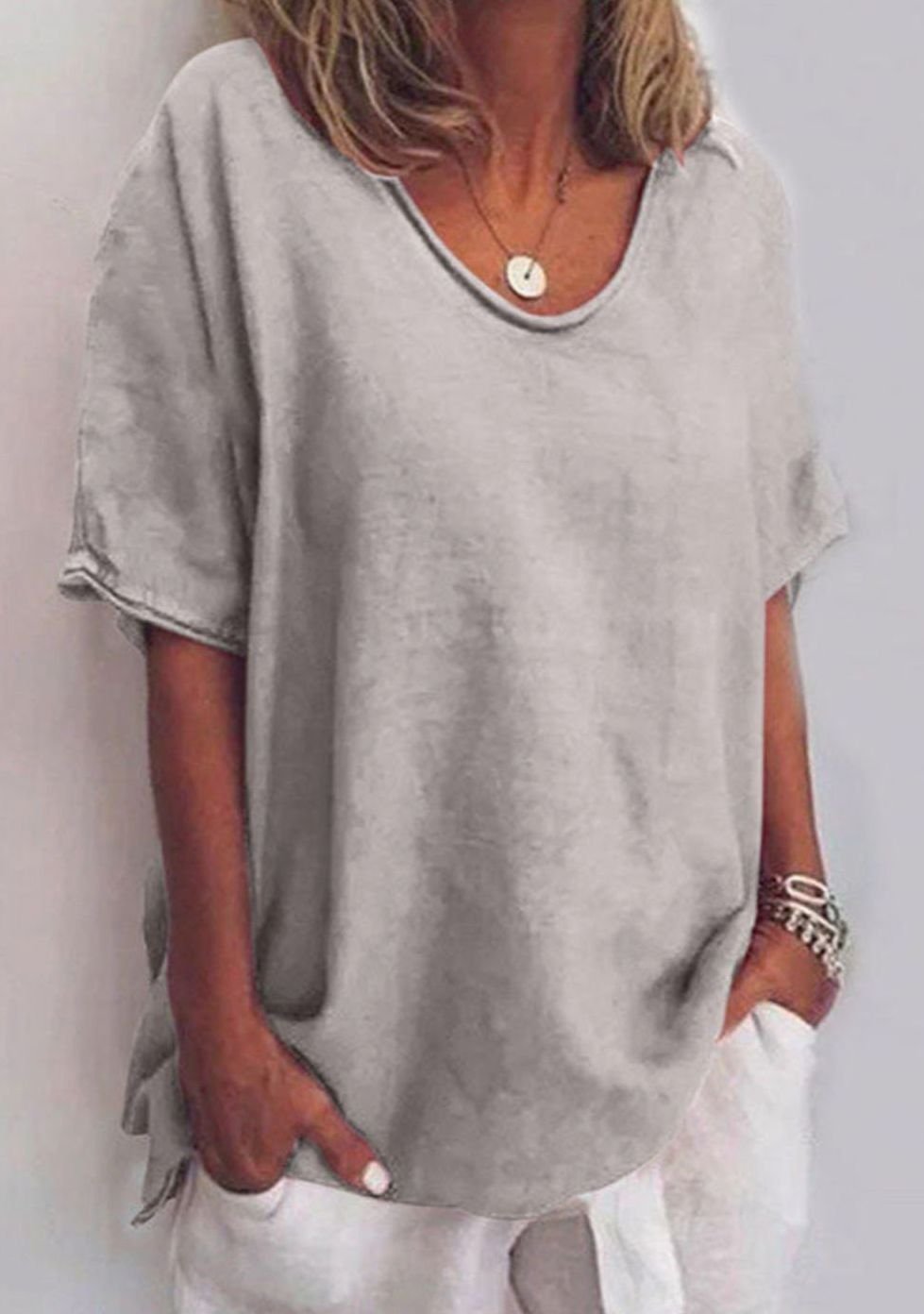 Women's Relaxed-Fit Short-Sleeve Scoop-Neck Casual Blouse - Grey