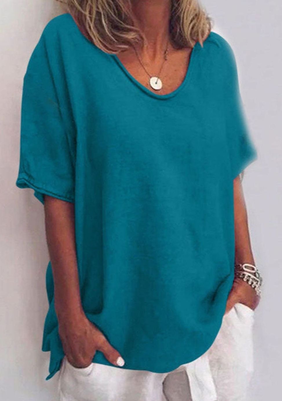 Women's Relaxed-Fit Short-Sleeve Scoop-Neck Casual Blouse - Sea Blue