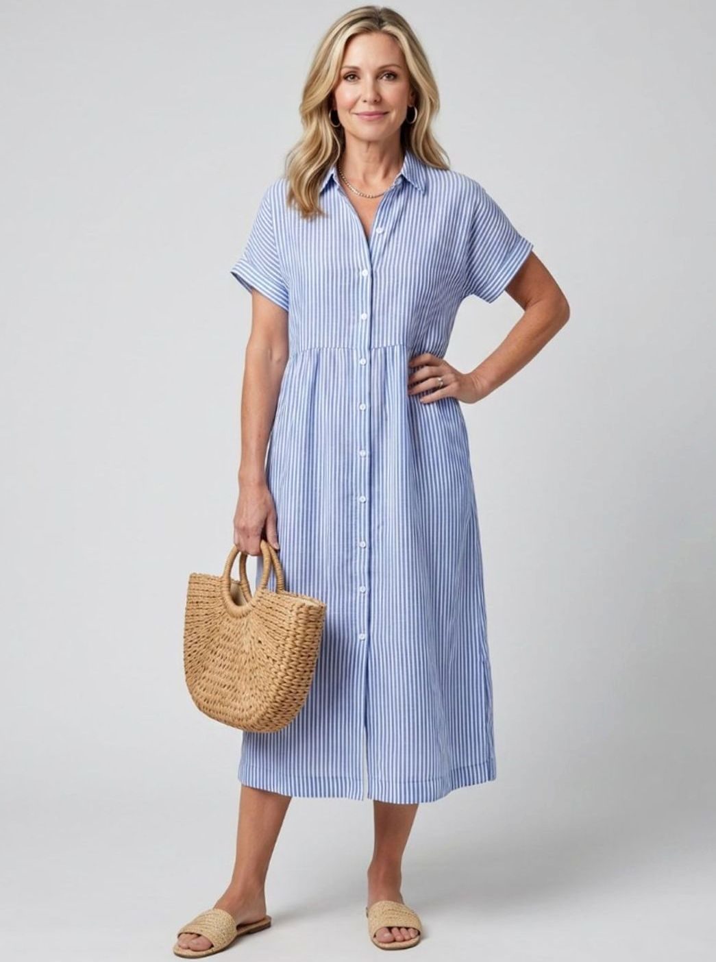 Women's Relaxed-Fit Striped Button-Front Midi Shirtdress