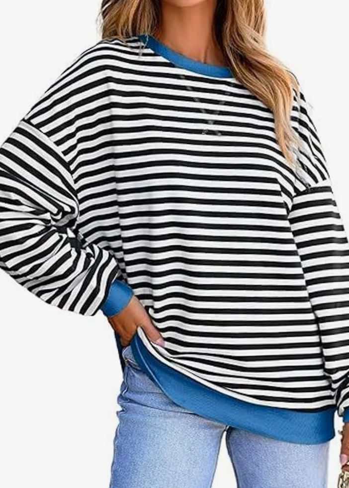 Women's Relaxed-Fit Striped Contrast-Trim Long-Sleeve Sweatshirt