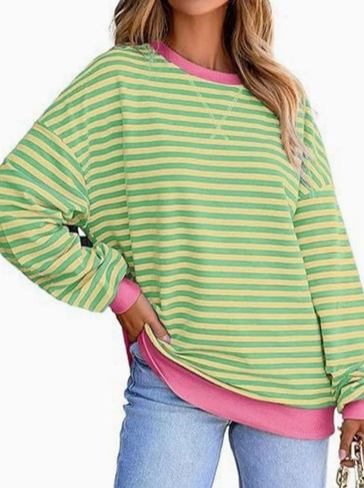 Women's Relaxed-Fit Striped Contrast-Trim Long-Sleeve Sweatshirt - Pink Green Striped
