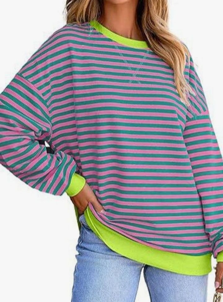 Women's Relaxed-Fit Striped Contrast-Trim Long-Sleeve Sweatshirt - Sky Blue Striped